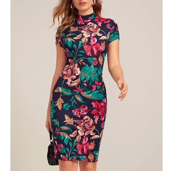 Rouge! Dresses & Skirts - Floral Pattern Navy Blue Slim Dress Knee Length